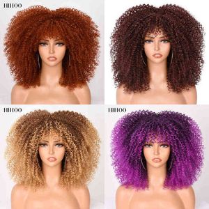Hair Synthetic Wigs Cosplay 16''short Hair Afro Kinky Curly Wig with Bangs for Black Women Cosplay Lolita Synthetic Natural Glueless Brown Mixed Blonde Wigs 220225