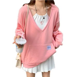 Kvinnors hoodies tröjor Autumn Women 2 Pieces Deep V-Neck Pullover Tops Casual Loose LongeeLeses Sweet Girls Drop Shoulder Daily Swea