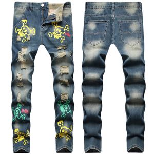 Kot pantolon ince fit yüksek kaliteli kafatası baskılı yırtık düz bisikletçi denim pantolon büyük boyutlu erkek için hip hop pantolon