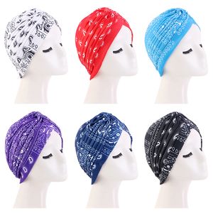 New Women Ruffle Knot Turban Muslim Hijab Scarf Paisley Head Wrap Stretchy India Hat Bonnet Chemo Hats Turbante Hair Accessories