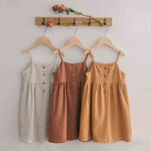 55% LINEN 45% VISCOSE GIRL'S Fashion Summer Dress Casual Strapless Button Dress for Kids Girl TZ25 Y220510