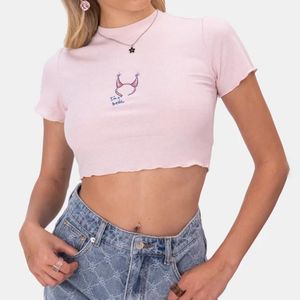 Camiseta para mujeres Cartoon Bordería Canted Women Summer dulce Camisa de algodón de algodón rosa Camiseta corta Fashion Casual Y2K Crop Top Chicwomen's