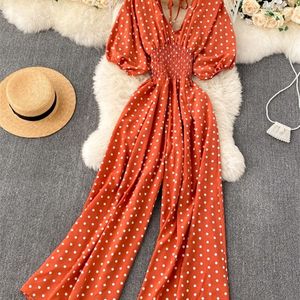 Sommer Casual Polka Dot Strampler Frauen Mode Elegante V-ausschnitt Puff Kurzarm Overall Weibliche Strand Breite Bein Playsuits W220427