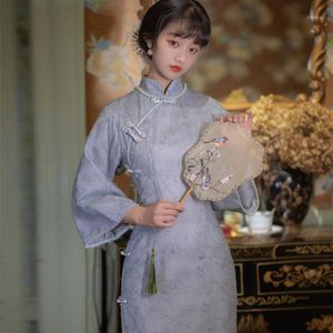 Mulheres vestir Cheongsam estilo chinês bordado skinny bordado de três quartos de manga vintage 2022 vestidos casuais de roupas de primavera