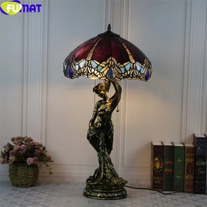 Fumat Tiffany Style Desk Light Grape Barroque Azul Vacada Lámpara de vidrio manchada de la belleza Marco de belleza Arte del hogar Decorativo 16 