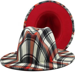 Ny Plaid Print Jazz Fedora Hat Kvinnor Röd Bottom Fascinator Top Cap Wide Brim Elegant Church Wedding Hat Sombreros de Mujer