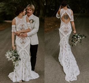 Mermaid Tassel Beach Wedding Dresses Nude Lining crochet Lace cotton Bridal Gowns Rue De Soriee Bohemian Vestido De Noivas