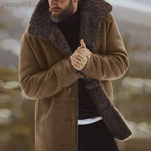 Winter Men's Leather Jacket Lapel Collar Vintage Style Warm Thick Fur Jackets Slim Fit Single-Breasted Men Solid Color Long Jacket L220801