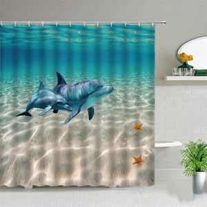 Dolphin Shower Curtain Cute Marine Animal Blue Sea Water Wave Scenery Bathroom Decoration Cloth Hanging with Hook 220429