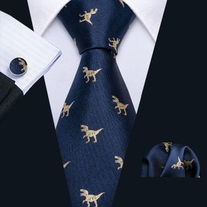 Przyjazd męskie krawaty Zestaw Dinozaur Wzór granatowego złotego szyjki ślubnej 8,5 cm Silk biznesowy dla mężczyzn FA-5191