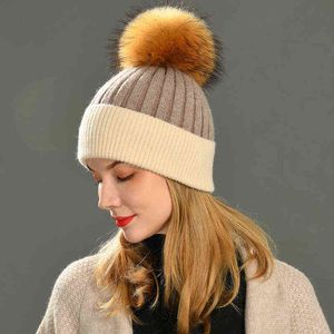 Winter Beanie Hut Mode Echt Fell Pompon Hüte Frauen Kaschmir Wolle Gestrickte Kapuze Pelz Ball Beanie Cap Große Waschbären Pelz bommel Hut J220722