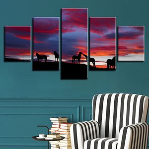 Wild Horses and Prairie Sunset Modern Canvas HD Prints Poster Home Decor Immagini di arte della parete 5 pezzi Dipinti d'arte Senza cornice