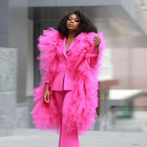 Hot Pink Mother Of The Bride Pant Suits Ruffles Long Sleeve Two Pieces Wedding Guest Dress Plus Size Formal Evening Gowns