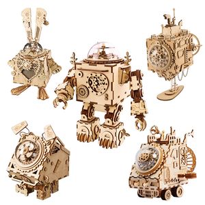 Роботим Роут Робот Робот Стимпанк Музыкальная коробка 3D Деревянная загадка собрано
