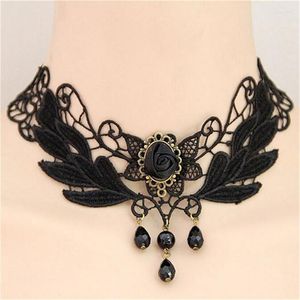 Chokers 1PCNice Women's Style Black Fabric Rose Flower Beads Pendant Choker Lace Necklace Gothic Jewelry False Collar Statement Sidn22