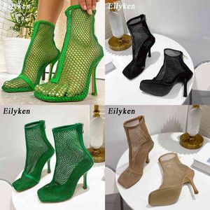 Klänningskor Eilyeken 2022 Ny design Green Black Square Toe Mesh Stretch Fabric Sock Boots Fashion Sexy High Heels Sandaler 220507