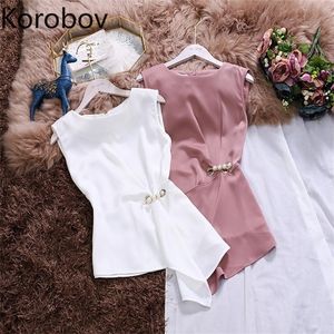 Korobov Estate Coreana Slim Donna Canotte O Collo Irregolare Gilet in chiffon Elegante Perle Top 77796 220316