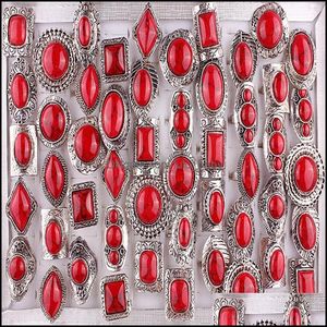 Bandringe Schmuck Retro -Stil Red Natural Stone Sier plattierter Ring 30pcs Großhandel Luxus Bohemian einstellbar für Dh9an