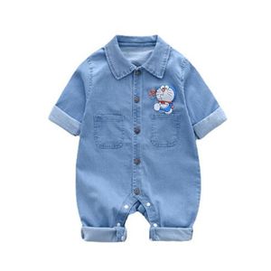 Baby Cowboy Romper Spring Men's and Women's Baby Outing Clotch Cartoon Elastic Denim Jumpsuit Lapel Single-breasted Long-Sleeved Kids One Dele Clothes