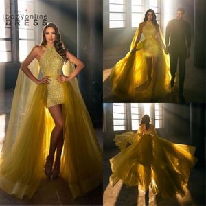 2022 Extravagant Long Gold Sleeveless Prom Evening Dresses With Detachable Train Sheath Halter Neck Beads Sequins Luxury Party Occasion Gowns Arabic BC11784