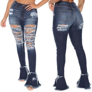 Women's Jeans Fashion Women Sexy Holes Ripped Ruffles Bell Bottom Stretchy Blue Red High Waist Skinny Denim Pants For Ladies 2022
