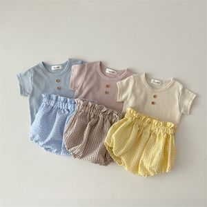 Melario Summer Born Baby Short Sleeve Clothes Set Infant Girl Solid Ribbed T Shirt + Plaid Shorts Suit Toddler Boy 220507
