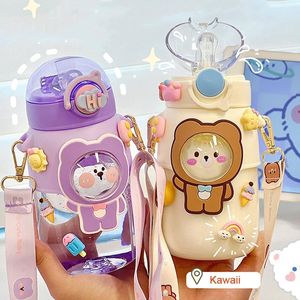 Garrafas de água 720ml Garrafa Kawaii com alça de palha para meninas crianças de plástico grande escola suco shaker copo para beber