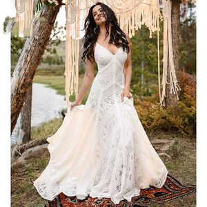 Trouwjurk Mermaid Boho Bohemian Wedding Dresses with Detachable Sleeve crochet Lace V Neck Spaghetti Straps suknia slubna syrenka 2022