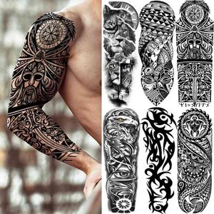 Maori Skull Full Arm Sleeve Temporary Tattoo for Adults - Tribal Totem Design, Black Waterproof Fake Tattoo Sticker