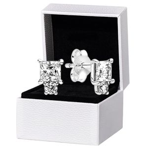 CZ diamond Round Square Stud Earrings Original box for Pandora Real 925 Silver Wedding Earring