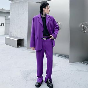 Mäns kostymer Blazers High Fashion Solid Suit Set For Mens Wedding Clothing Classic Loose Fit Blazer Tops and Trouser Teenage Purple Jacket