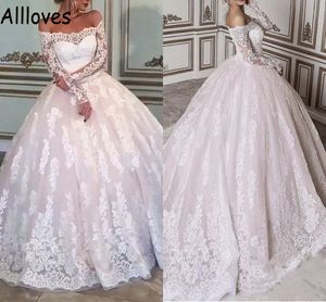 Arabic Aso Ebi Long Sleeves Ball Gown Wedding Dresses Puffy Skirt Princess Bridal Dress Lace Appliqeud Gorgeous Formal Church Plus Size Vestidos De Novia CL0681