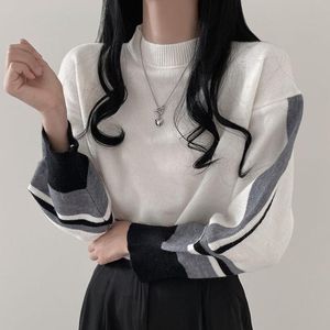 女性のセーター韓国のファッションレトロワイルドカラーマッチングストライプゆるい短いランタンスリーブプルオーバーセーターニット女性女性の