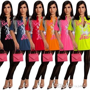 2022 Designer Womens T Shirt Sexy V-neck Loose Medium Length Split Short Sleeve Tees Top Fashion Print Summer Casual Clothing