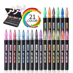 21 färger Metalliska dubbla linjer Art Markers Glitter Outline Marker för DIY Fotoalbum Scrapbooking Crafts Christmas Card Making 210226