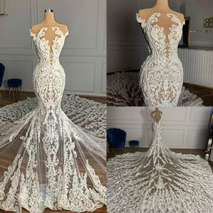 2022 Arabia Lace Mermaid Wedding Dresses Plus Size Illusion Beaded Vintage Bröllopsklänningar Skräddarsydda sexiga Vestidos de Novia B0518213