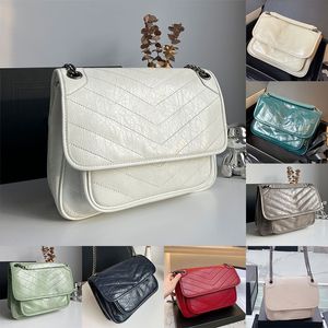 Women Niki Baby Chain Bag Leather Designer Central Compartment Crossbody Metal Hardware Flap Magnetic Snap Closure Tote Wallet Open Back Pocket Shoulder Bag Purse