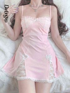 Darlingaga Y2K süße süße Rüschen Spaghettiträger rosa Sommerkleid Mode Lolita Spitze Patchwork Schleife Damenkleid Sexy Sommerkleid J220708
