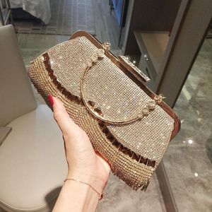 Evening Bags Elegant Lady Dinner Gold Rhinestone Bag Tassel Diamond Women's Handbag Wedding Party Small Clutch Purse FTB337Evening