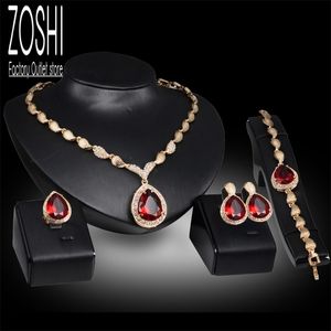 Kvinnesmycken Set Wedding Party Water Drop Red CZ Crystal Necklace Earrings Armband Ring Indian Gold Plated 220812