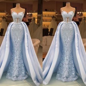 Luxury Sky Blue Mermaid Evening Dresses Sweetheart Ärmlös Lace Appliques Lady Party Bridal Prom Gown