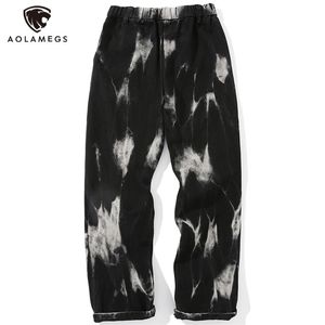 Aolamegs Jeans Men Tie Dye Print Style Denim Pants Baggy Elastic Waist Straight Trousers High Street Punk Cool Streetwear 220718