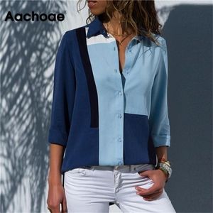 Aachoae Women Blouses Fashion Long Sleeve Turn Down Collar Office Shird Blouse Shird Casuare Tops Plus Size Blusas Femininas 210326