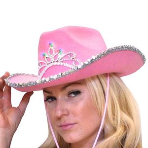 Basker krona rosa cowboy hatt västra cowgirl för kvinnor flickor fjäder kant / glänsande paljetter tiara hattar parti fedora cap capsberets