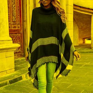 Kvinnors tröjor Long Coat Winter Womens Turtleneck Plaid Fringe Shawl Sweater Fashion Casual Croped Sweaterwomen's