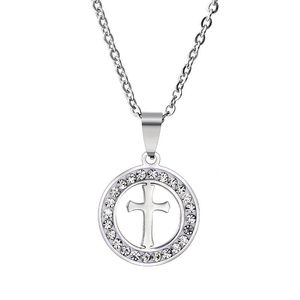 Pendant Necklaces Wholesale Trendy Stainless Steel Cross Necklace For Women Geometric Crystal Round Custom Jewelery GiftPendant