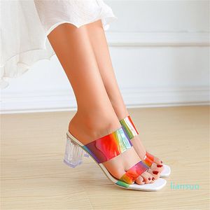 Vestido sapatos de vestido mulheres moda verão verão transparente colorido pvc sexy de pé aberto sandálias de salto alto mulheres botas de joelho com saltos largos