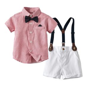 Baby Boy Gentleman Clothes Set Summer Suit for Toddler Striped Shirt With Bow Tie Suspenders White Shorts Formella pojkar kläder Y2003242