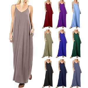 Frauen Solide Lange Strand Maxi Boho Kleider Sommer Casual Spaghetti Strap Kleid Kleidung W220315