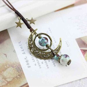 Collana di perline di ceramica vintage luna doppia stella Boho gioielli da donna dichiarazione catena di corda regolabile collane lunghe maglione CN01241M